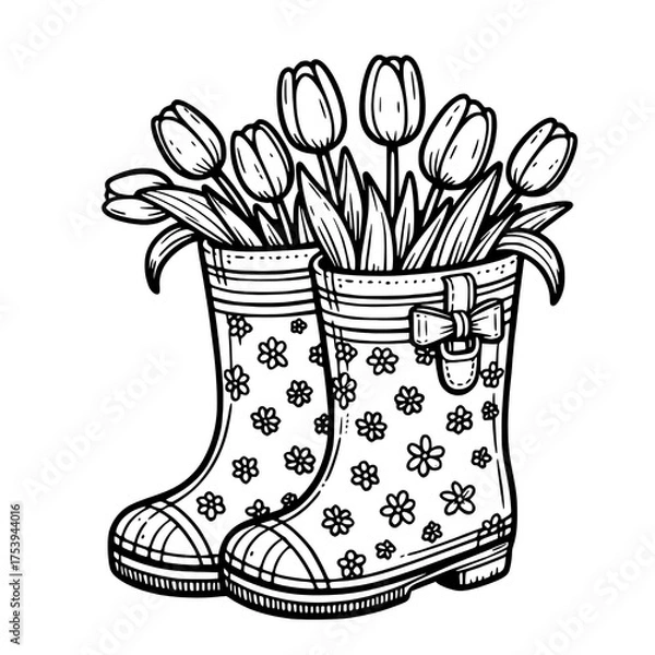Obraz Whimsical Monochrome Rubber Rain Boots and Tulips Illustration for Eco-Friendly Spring Decor and Gardening Accessories