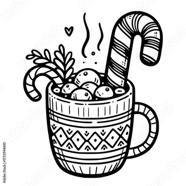 Obraz Festive Hand-Drawn Hot Chocolate Mug with Candy Cane and Peppermint: A Cozy Winter Drink Illustration for Holiday Décor and Graphic Art