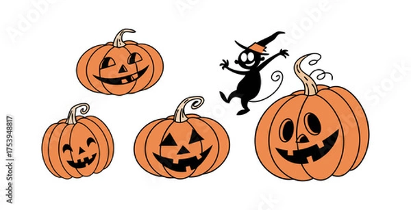 Fototapeta Pumpkin simple flat color icons Halloween vector set white backgraound