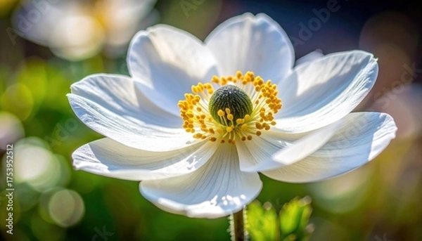 Obraz Three quarter view of a white anemone with an inky center and delicate stamens rendered tack sharp with airy garden bokeh and soft natural morning fill