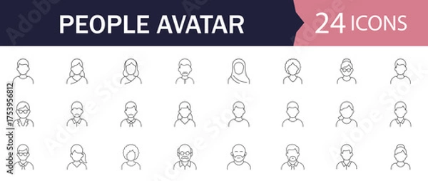 Fototapeta People Avatar Line Editable Icons set. A sleek vector illustration in modern thin line style showcasing diverse portraits by age, gender, and nationality. A solid linear icon set.