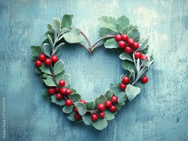 Obraz Christmas wreath with mistletoe, berries, and heart shape on textured wooden door, Decorative shaped frosted mistletoe