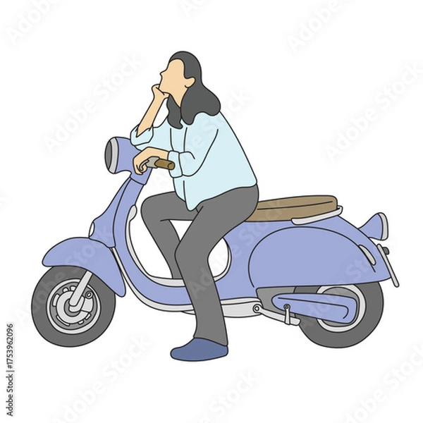 Fototapeta woman sitting on a scooter without helmet illustration vector hand drawn with black lines