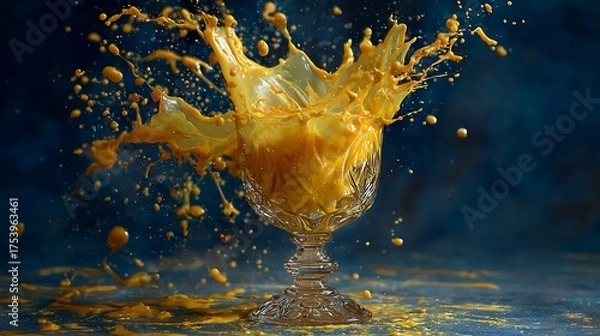 Fototapeta Orange juice splashing out of a glass on blue background
