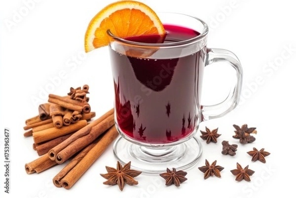 Fototapeta Mulled wine in a glass with orange and cinnamon on white