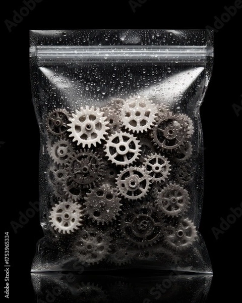 Fototapeta Gears in a Sealed Bag on Black Background