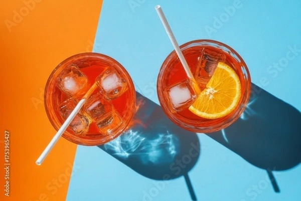 Fototapeta Summer Vibes: Aerial View of Aperol Spritz Cocktail - Refreshing Beverage Concept cocktail, Spritz, top