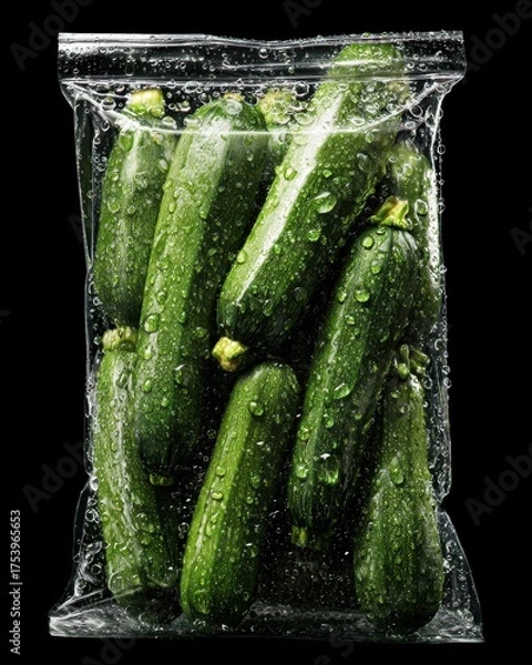 Fototapeta Fresh Cucumbers in Sealed Plastic Bag