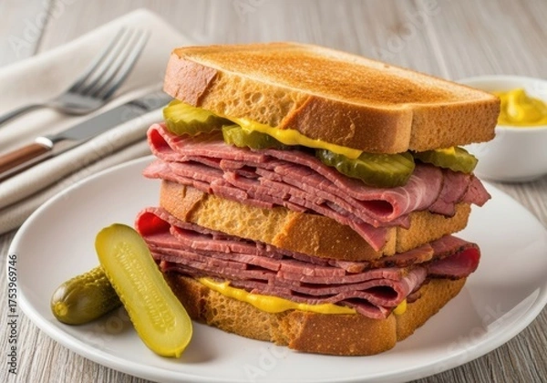 Fototapeta Stacked Pastrami Deli Sandwich with Pickles & Mustard on Toasted Bread — Close-Up