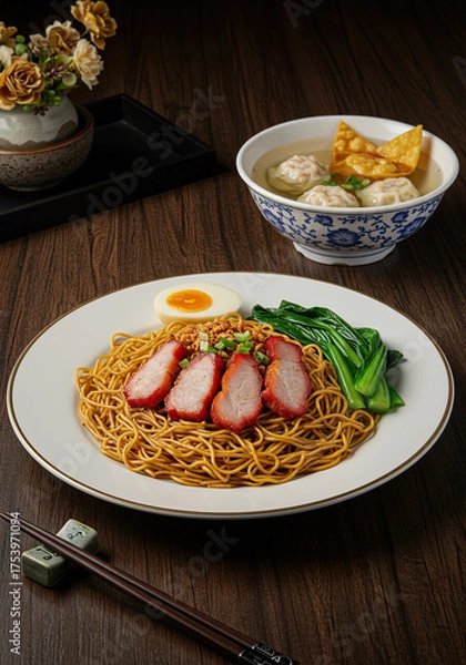 Fototapeta Dry wonton mee or wonton noodle, a popular Cantonese-origin noodle dish usually served with dumplings (wontons), sliced BBQ pork (char siu), and choy sum.