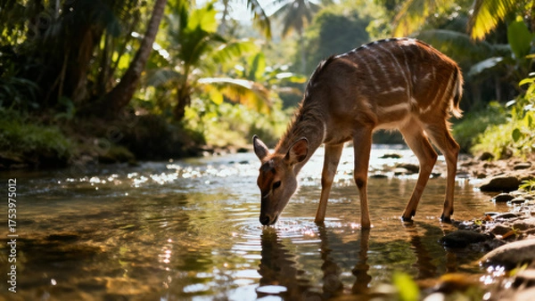 Obraz Antelope drinking from stream in forest