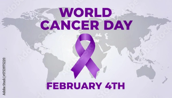 Fototapeta World Cancer Day: Awareness ribbon and global map on a purple background