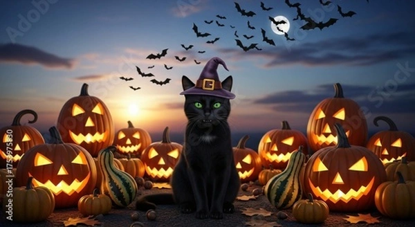 Obraz Halloween Witch Cat with Pumpkins and Bats