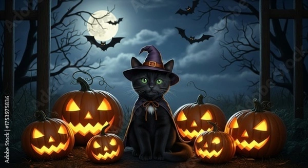 Obraz Halloween Witch Cat with Pumpkins and Bats