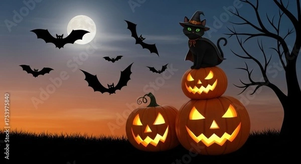 Obraz Halloween Witch Cat with Pumpkins and Bats