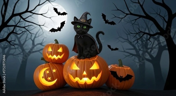 Obraz Halloween Witch Cat with Pumpkins and Bats