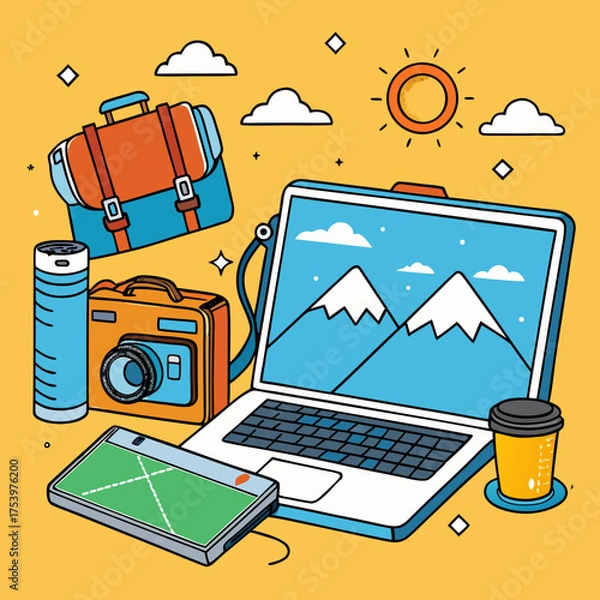 Fototapeta Laptop and travel gear with mountain scene and coffee