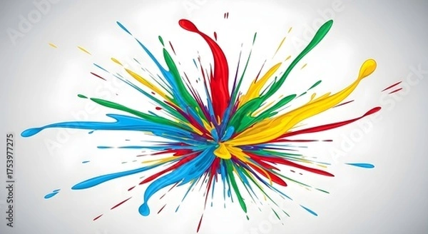 Fototapeta A vibrant and dynamic explosion of colorful paint splashes on a white background.