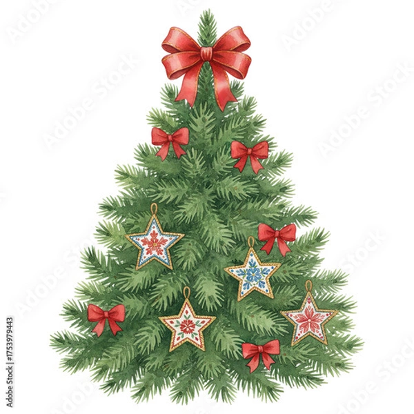 Fototapeta A festively adorned Christmas tree with red bows and star ornaments, symbol of the holiday.