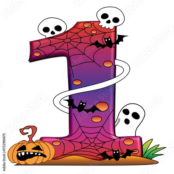 Fototapeta Halloween Number 1 Graphic with Pumpkin, Skulls, and Spider Web