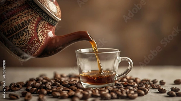Fototapeta Indonesian batik teapot, brown, pouring caramel coffee into a cup, showing coffee flowing through the teapot into a horizontal cup with a blurred background of Indonesian luwak coffee beans