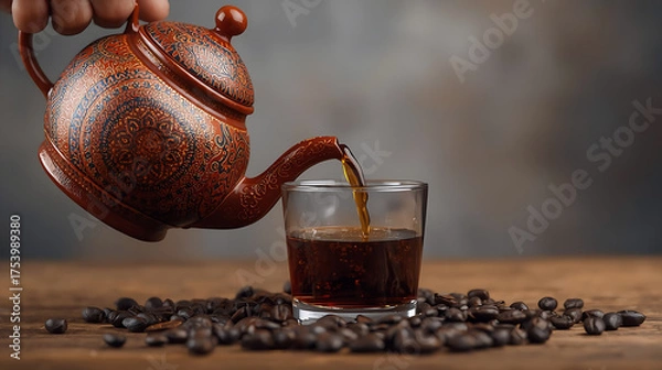 Fototapeta Indonesian batik-colored teapot pouring caramel coffee into a glass, showing the coffee flowing through the teapot into a horizontal cup with a blurred background of Indonesian luwak coffee beans.