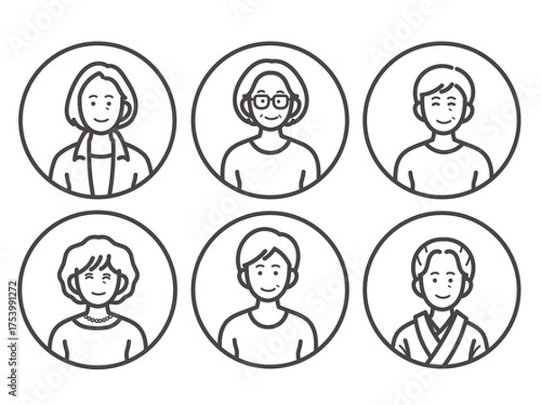 Fototapeta シニア女性のイラストアイコンセット　線画のみ