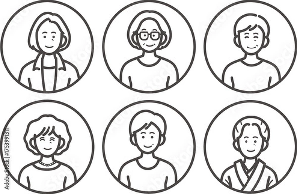 Obraz シニア女性のイラストアイコンセット　線画のみ