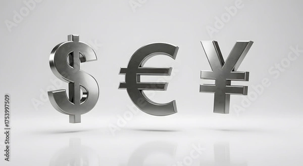 Fototapeta 3D icons of global currency symbols dollar, euro, yen in metallic colors depict the interconnected global financial system