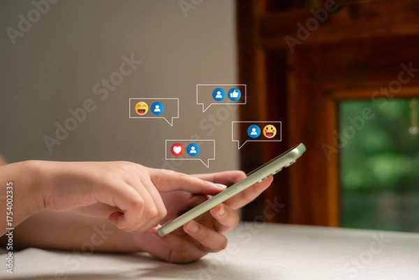 Obraz The concept of living on vacation and playing social media. Social media and digital online concept, man using smart phone with Social media. Social Distancing ,Working From Home concept.