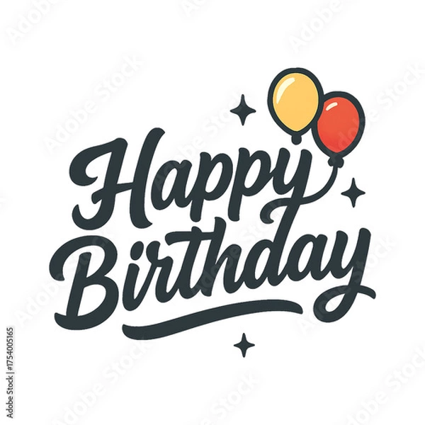 Obraz Happy birthday lettering with balloons and sparkles hand‑lettered illustration 