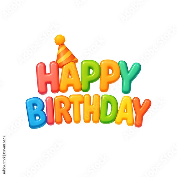 Obraz Rainbow 3d happy birthday lettering with party hat colorful balloon text PNG file on transparent background