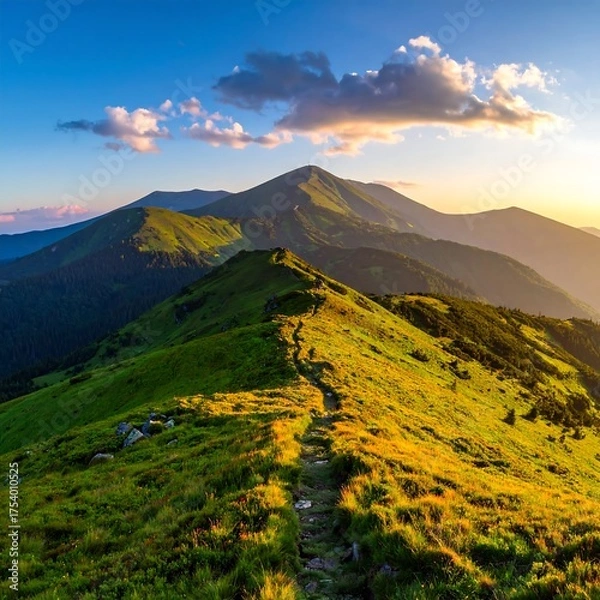 Fototapeta Scenic mountain range with lush green slopes and sunlight
