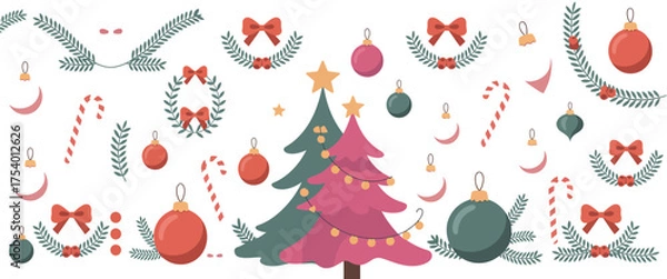 Obraz Festive Christmas Decorations Collection featuring Trees, Ornaments, Bows, and Candy Canes for Holiday Celebrations