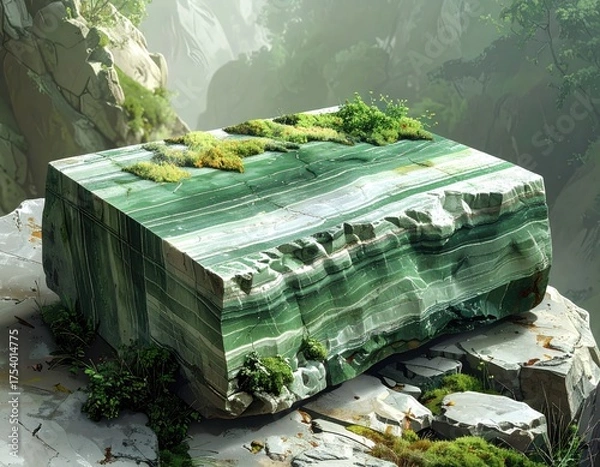 Obraz Dramatic perspective presents a textured, green, layered stone formation with hints of white and gold nestled amidst a lush, green landscape with accents of small vegetation and mossy areas,