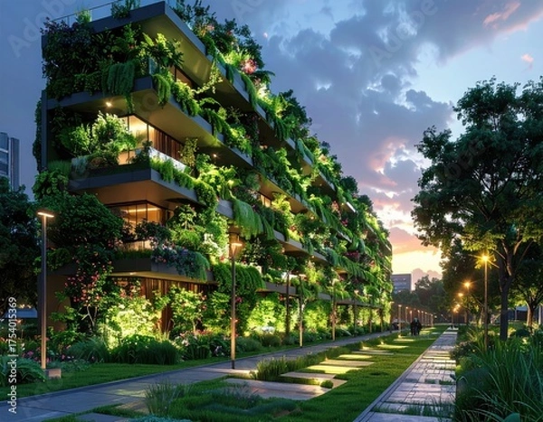 Obraz Modern urban building featuring lush greenery, plants, and a vibrant display of flora on its exterior, creating an eco-friendly and sustainable architectural design.