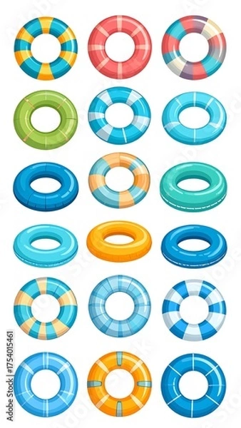 Fototapeta A variety of buoyant, colorful rings arranged in a grid, suitable for summer recreation