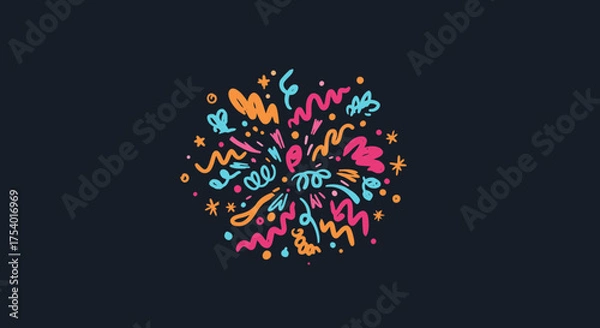 Obraz A vibrant explosion of colorful hand-drawn abstract shapes and squiggles on a dark background, perfect for celebrating joy and creativity.