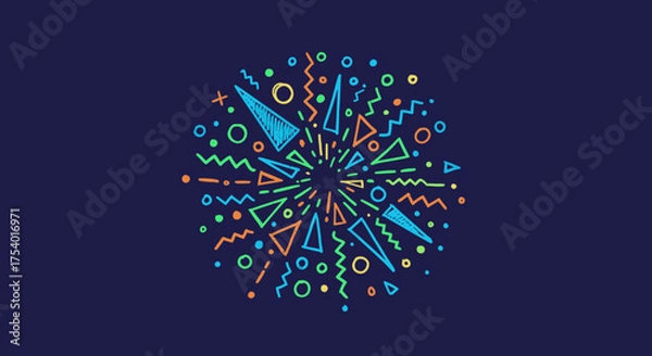 Obraz A vibrant, abstract explosion of colorful geometric shapes and lines radiates outward on a deep blue background, symbolizing energy and celebration.
