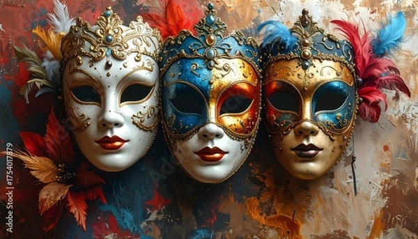 Fototapeta Three ornate Venetian masks with feathers on a textured abstract background
