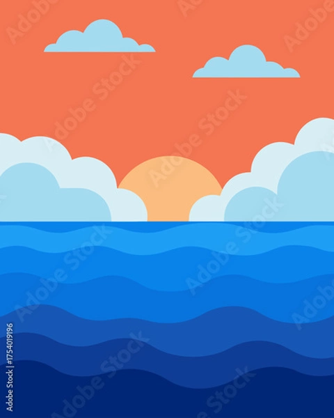 Fototapeta Watercolor sea horizon with clouds background painting