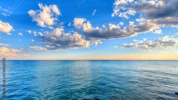 Fototapeta Tranquil seascape with calm blue ocean and clear sky featuring scattered white clouds,