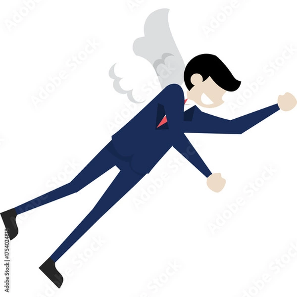 Obraz Pixelated Man In A Blue Suit With Wings Flying With Arms Outstretched In A Joyful Pose Against A White Background