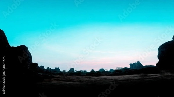 Fototapeta Natural rugged rock formation landscape with uneven terrain, brownish ground, clear blue sky gradient, soft lighting,
