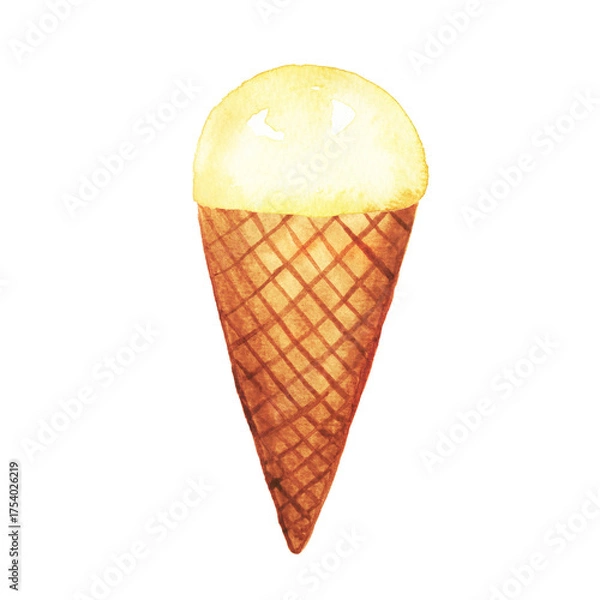 Obraz Bright, creamy ice cream. A sweet scoop in a waffle cone. Hand-drawn watercolor illustration of the dessert for an ice cream parlor ad.