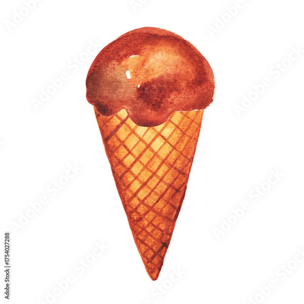 Obraz Bright, creamy ice cream. A sweet scoop in a waffle cone. Hand-drawn watercolor illustration of the dessert for an ice cream parlor ad.