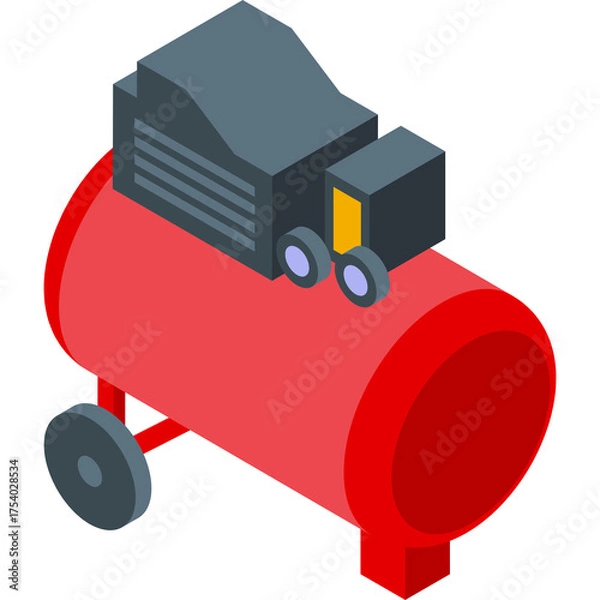 Obraz Red Air Compressor Tank Isometric Icon With Gray Motor And Wheels On Transparent Background