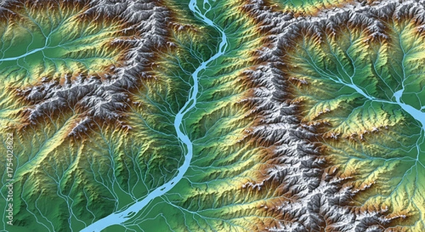 Fototapeta Detailed Topographic Map Rendering of Mountainous Terrain with River
