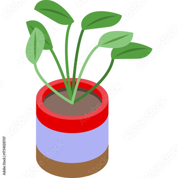 Obraz Pixelated Green Plant in a Red Blue and Brown Isometric Pot Isolated on Transparent Background Vibrant Colors