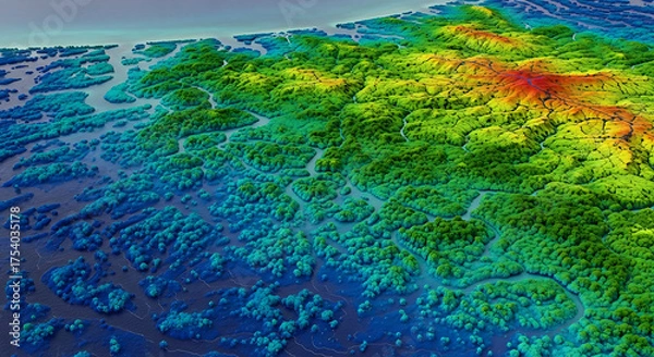 Fototapeta Colorful Topographic Representation of a Landscape with River Network